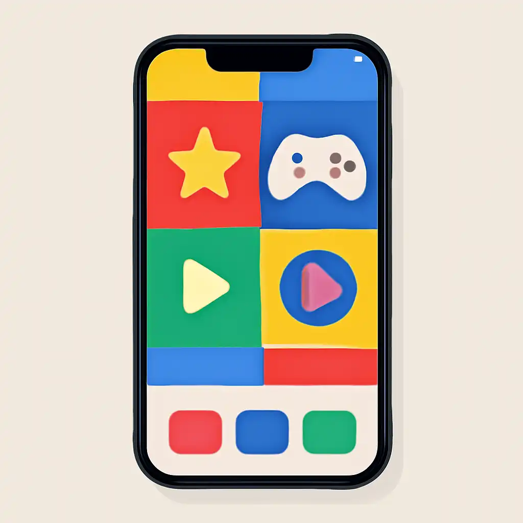 Smartphone shown from the front displaying a colourful flat layout of abstract game icons and rounded tiles (no text, no letters, no labels), Raxi Win