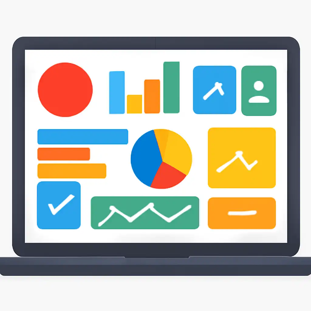 Laptop shown from the front displaying a colourful flat dashboard of abstract charts, bars and icon tiles (no text, no letters, no labels), Raxi Win