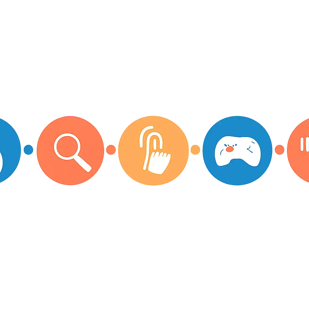 Five numbered circular icons connected by arrows in a horizontal flow, flat illustration, icons only, no words, Raxi Win steps