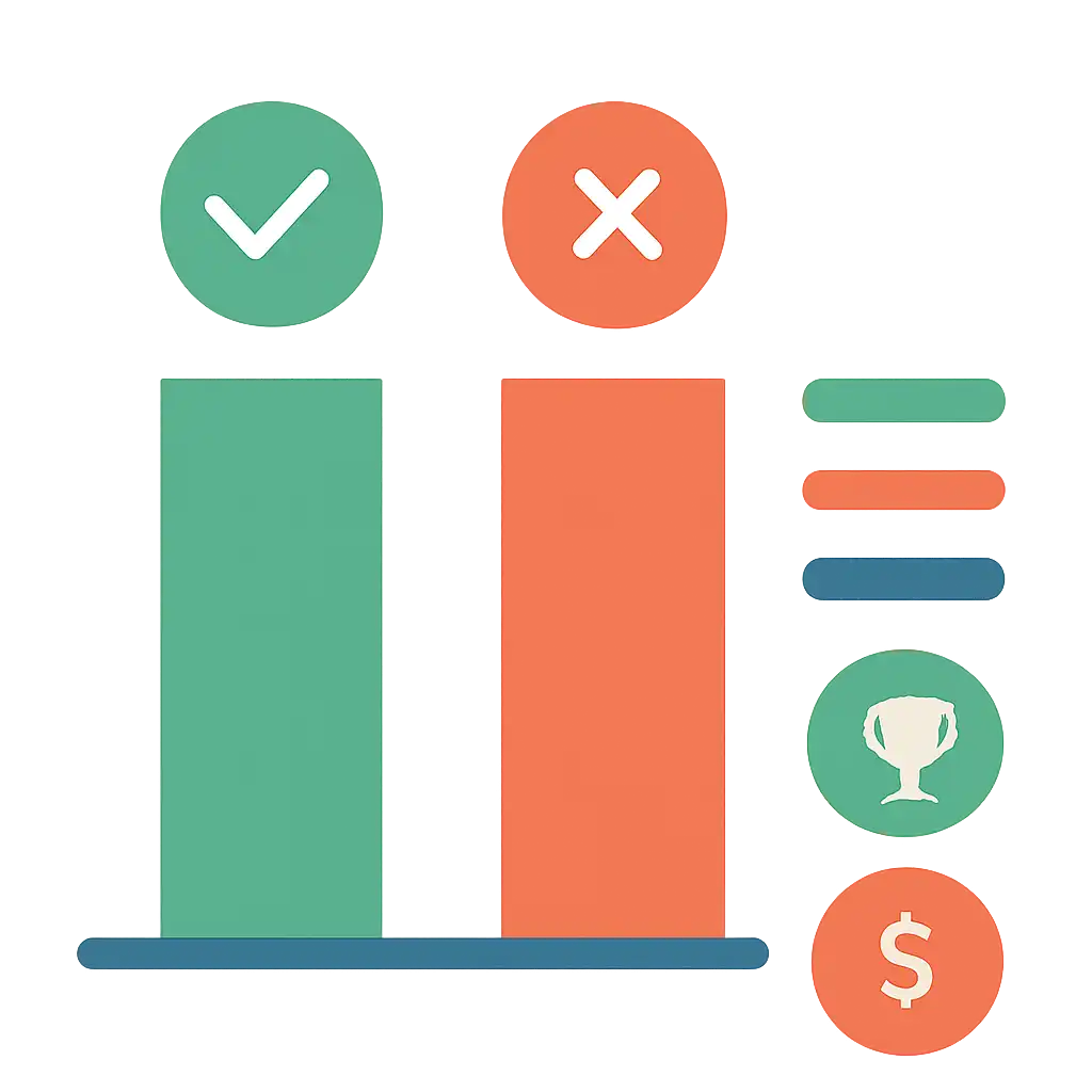 Infographic comparing options using coloured bars and icons only, no text or labels, flat design, Raxi Win