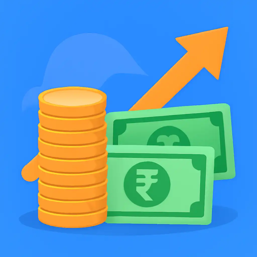 Coins stack and rupee notes: Raxi Win earnings illustration